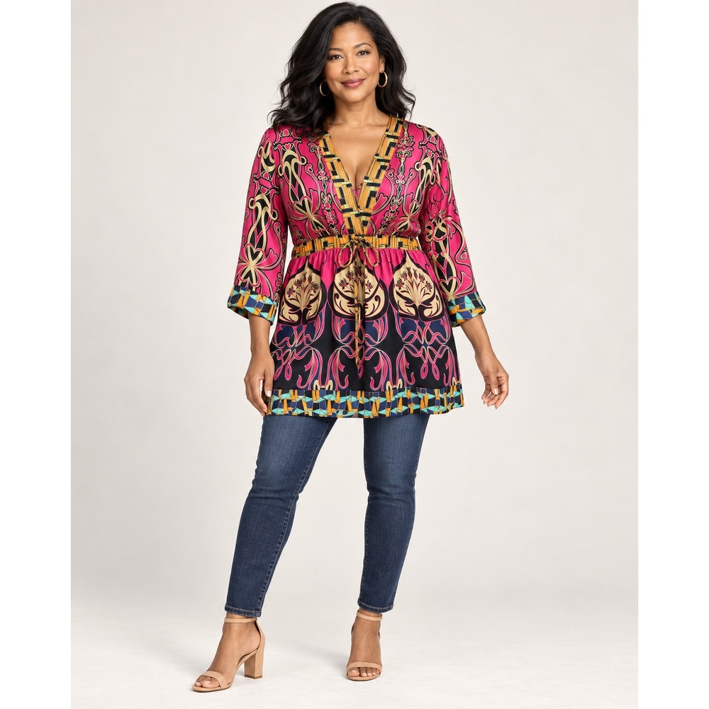 Cabi 223 Women Silk Tunic Top Pink Geometric V-Neck Empire Waist Large